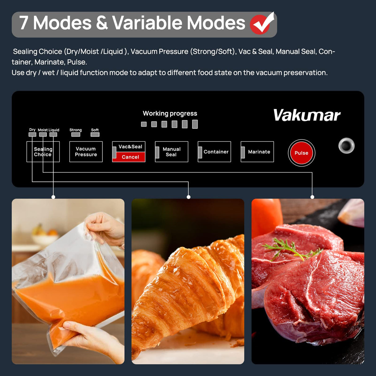 Vakumar Liquid Vacuum Sealer Machine, 90Kpa Vacuum Sealer Machine Preservation Dry/Moist/Liquid Modes, LED Indicator Light, Handle Locked Design, Built-in Cutter and Bag Storage, Removable Drip Tray Vakumar