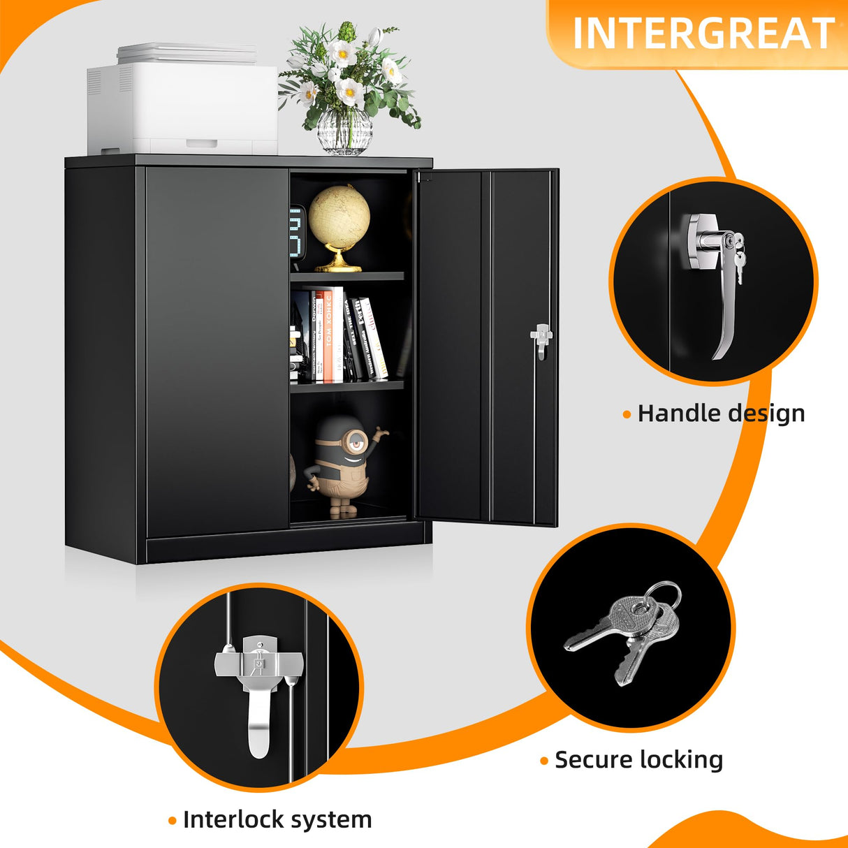 INTERGREAT Metal Cabinet with Lock, Lockable Metal Storage Cabinets with Doors and Shelves for Garage, Black Locking Garage Storage Cabinets 42"×36"×18" INTERGREAT