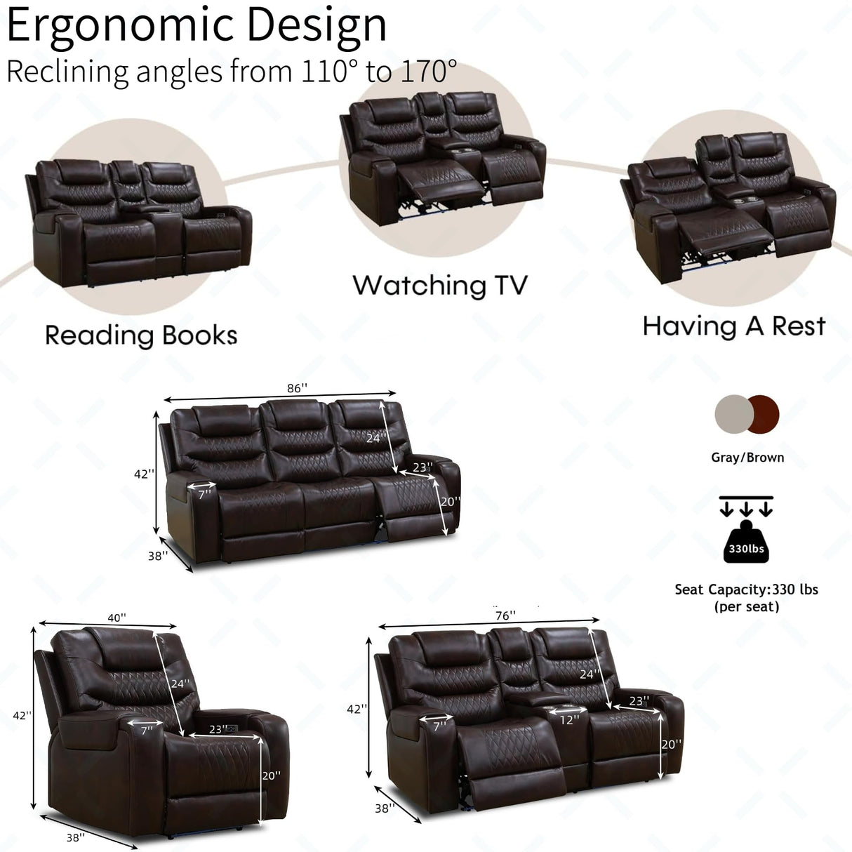 Living Room Furniture Set, Power Reclining Sofa Set, Air Leather Recliners with Built-in USB Ports and Storage Console, LED Reclining Couch Set for Living Room (Wine, Sofa Loveseat) AYCP Furniture