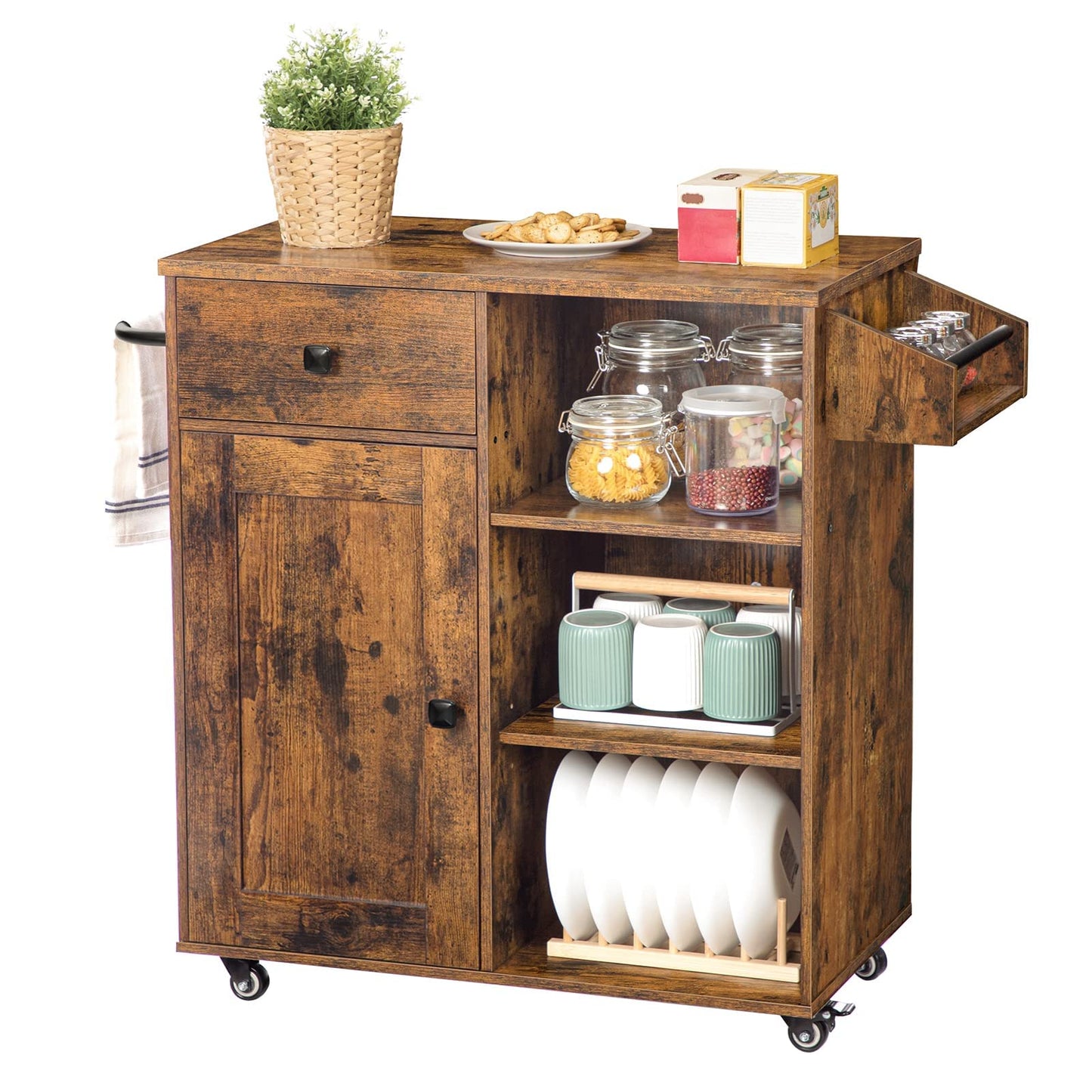 HOOBRO Kitchen Island, Storage Cabinet with Drawer, Kitchen Cart with Spice and Towel Rack, Saving Space, Easy Assembly, for Living Room, Rustic Brown BF12ZD01