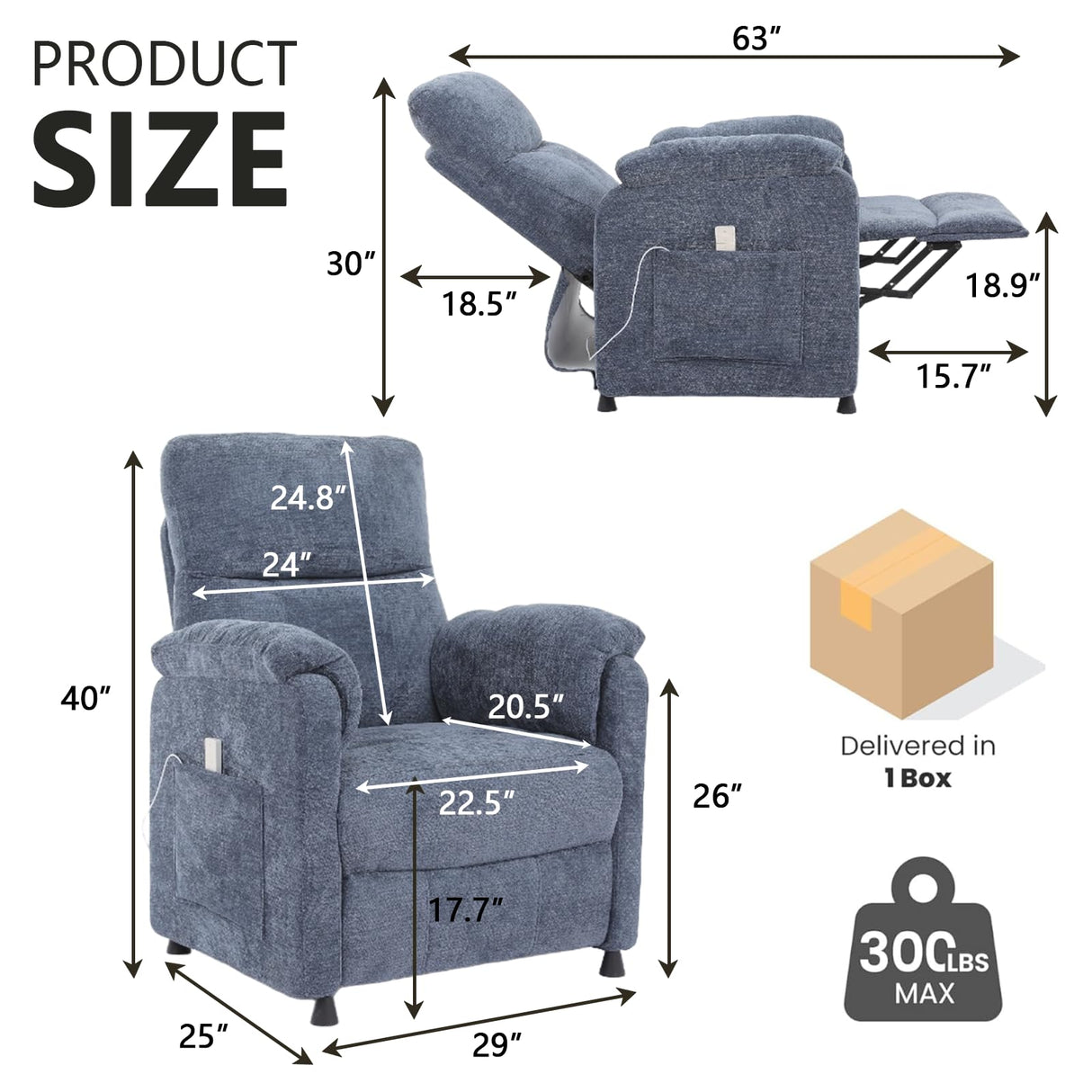 Chenille Power Recliner Chair for Living Room Bedroom|Electric|Remote Control|Side Pockets|Small|Adults (Blue) Anwick