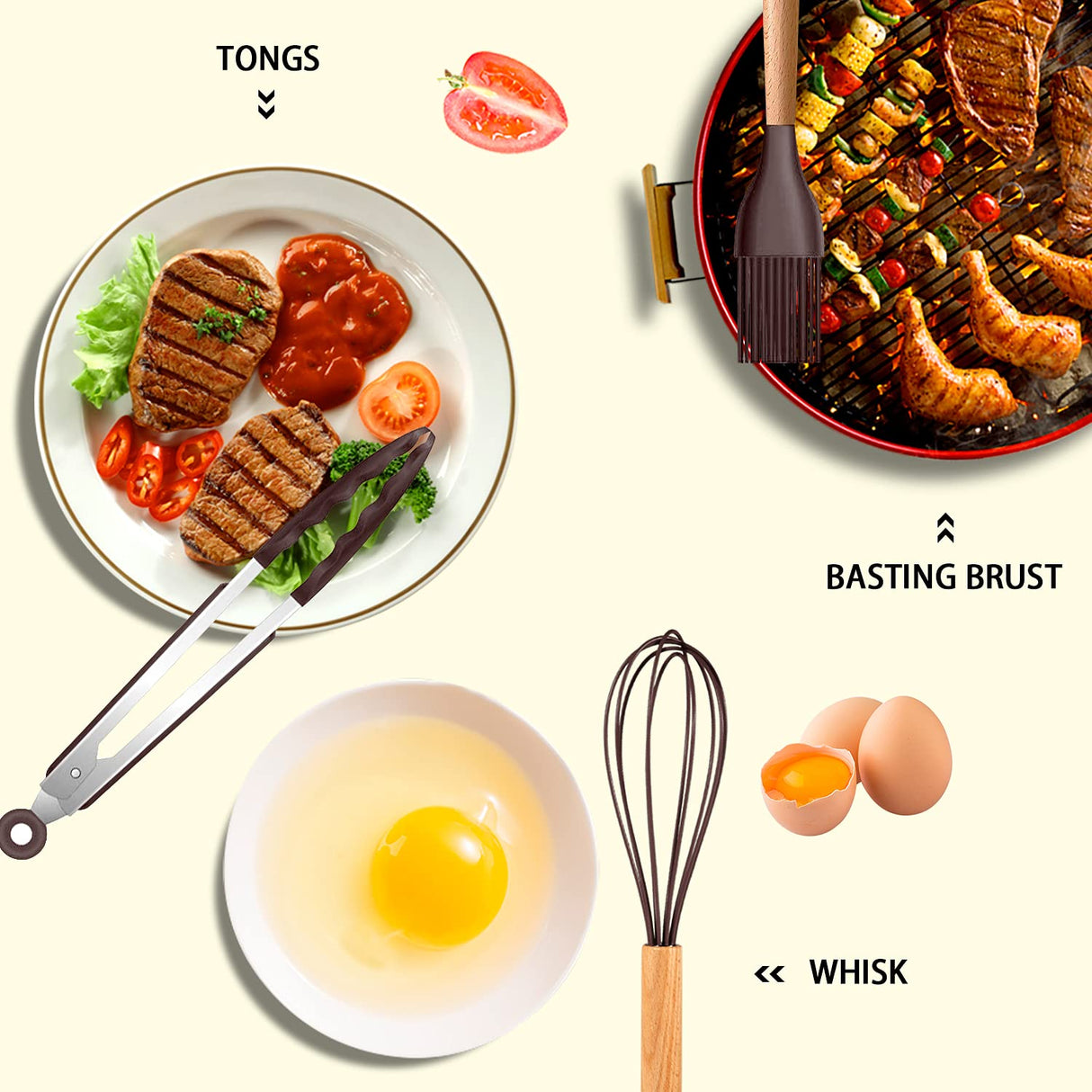 MIBOTE Silicone Cooking Kitchen Utensils Set with Holder, Wooden Handles BPA Free Non Toxic Silicone Turner Tongs Spatula Spoon Kitchen Gadgets Utensil Set for Nonstick Cookware (Coffee) MIBOTE