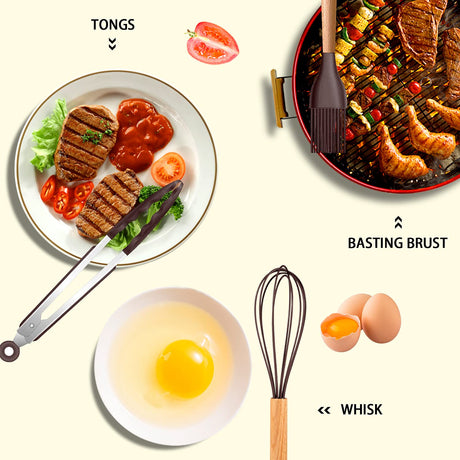 MIBOTE Silicone Cooking Kitchen Utensils Set with Holder, Wooden Handles BPA Free Non Toxic Silicone Turner Tongs Spatula Spoon Kitchen Gadgets Utensil Set for Nonstick Cookware (Coffee) MIBOTE