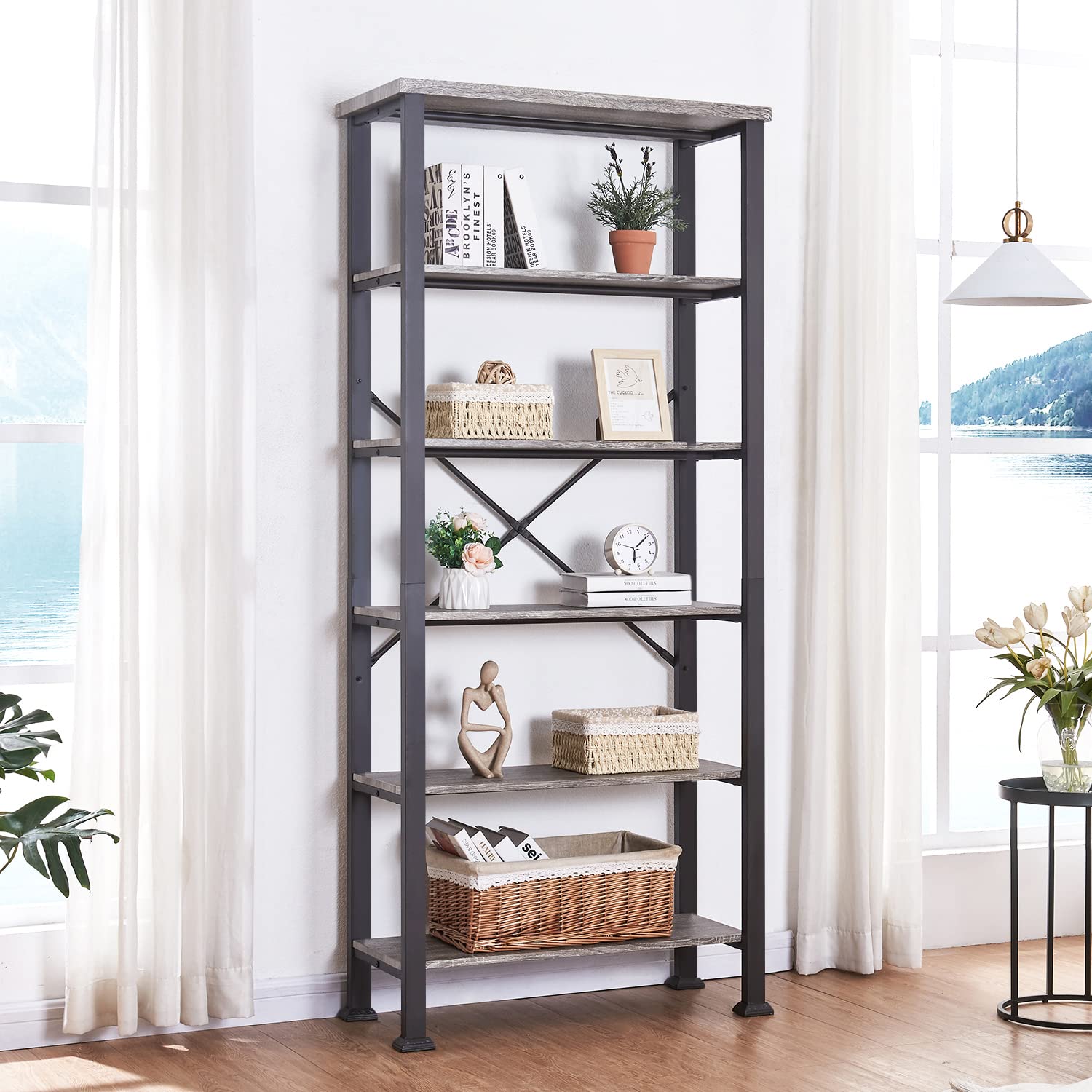 HOMBAZAAR Rustic Grey 6-Tier Bookshelf with Metal Frame – Elegant Heavy Duty Storage for Living Room, Office, and Bedroom - WoodArtSupply