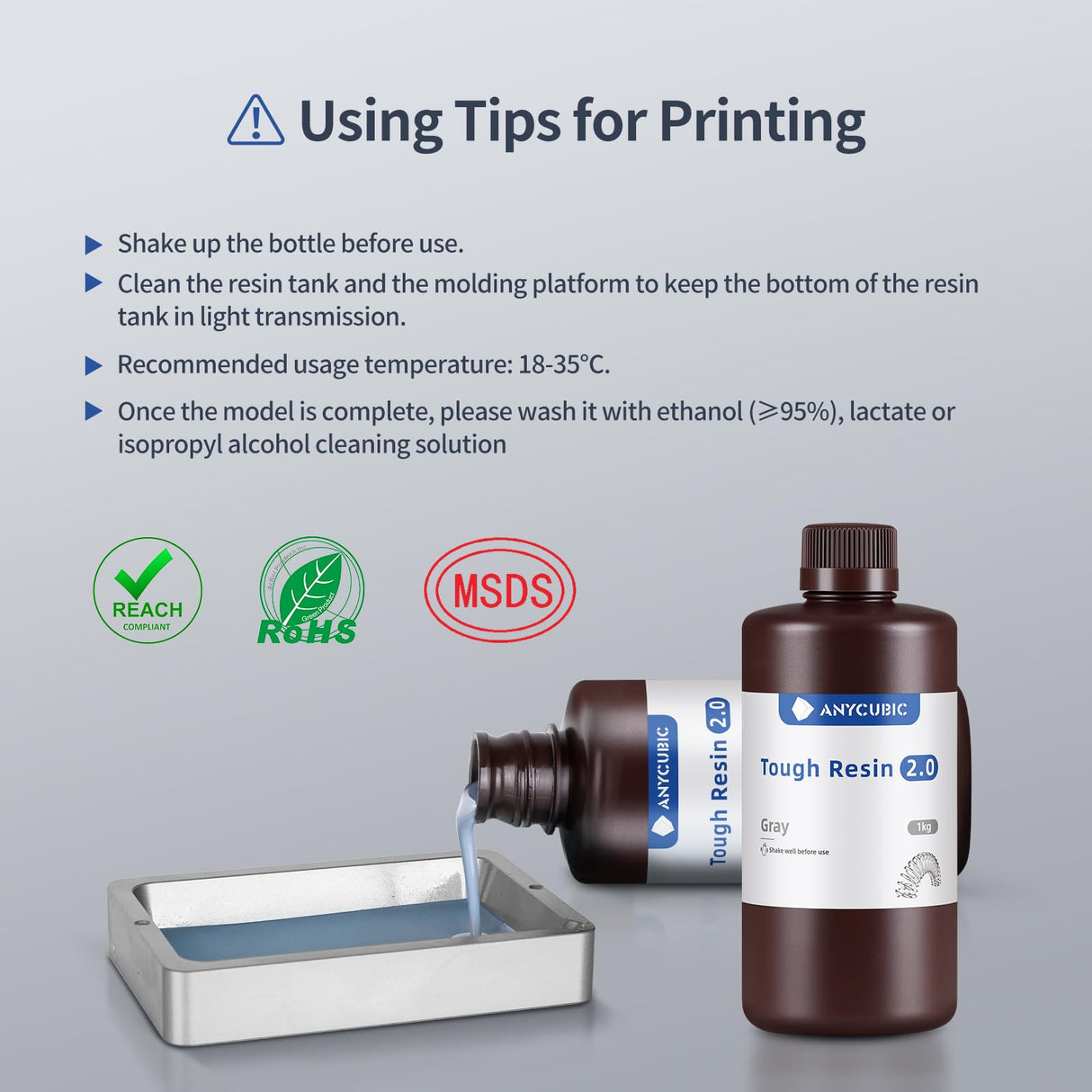 ANYCUBIC Tough 3D Printer Resin 2.0, Tough Resin with High Hardness and High Precision, 365-405nm Fast Curing 3D Resin for 4/8/12/16K LCD/DLP/SLA Resin 3D Printing (Grey, 1kg) ANYCUBIC