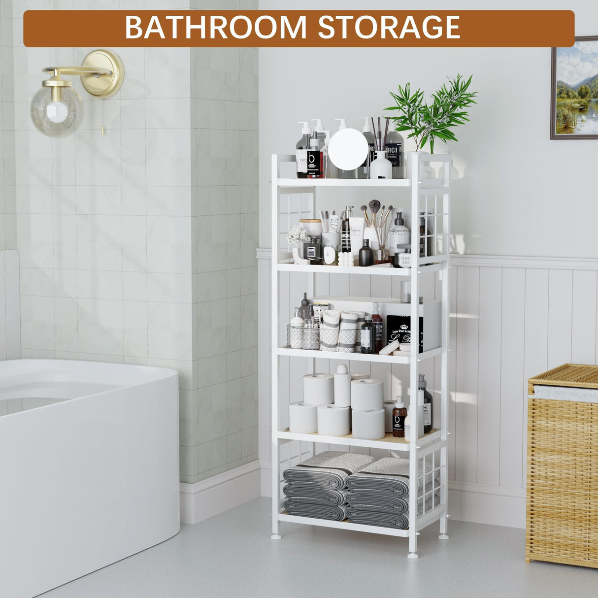 GIOTORENT 5-Tier Pantry Shelves with Wooden Boards, Heavy Duty Storage Shelves & Book Shelf, Adjustable Metal Shelving Unit for Kitchen Bathroom Laundry Organizer, Sturdy Rust-Resistant, White