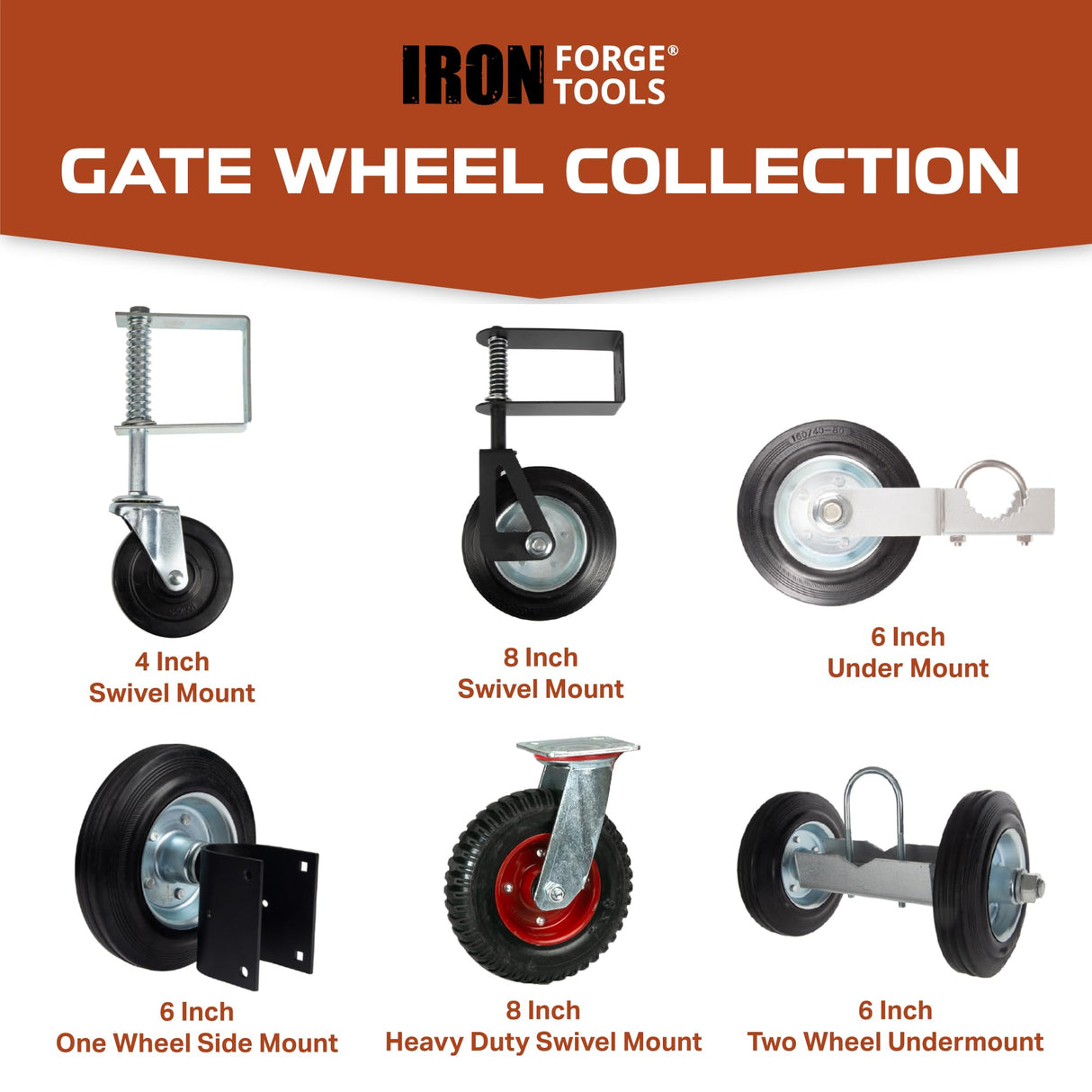 Iron Forge Tools 8 Inch Heavy Duty Swivel Knobby Casters Set of 4, 7-7/8" Diameter, Solid PU Knobby Tread Heavy Duty Caster Wheels, Swiveling Bases, Two Casters with Brakes, Two Without, Black & Red Iron Forge Tools