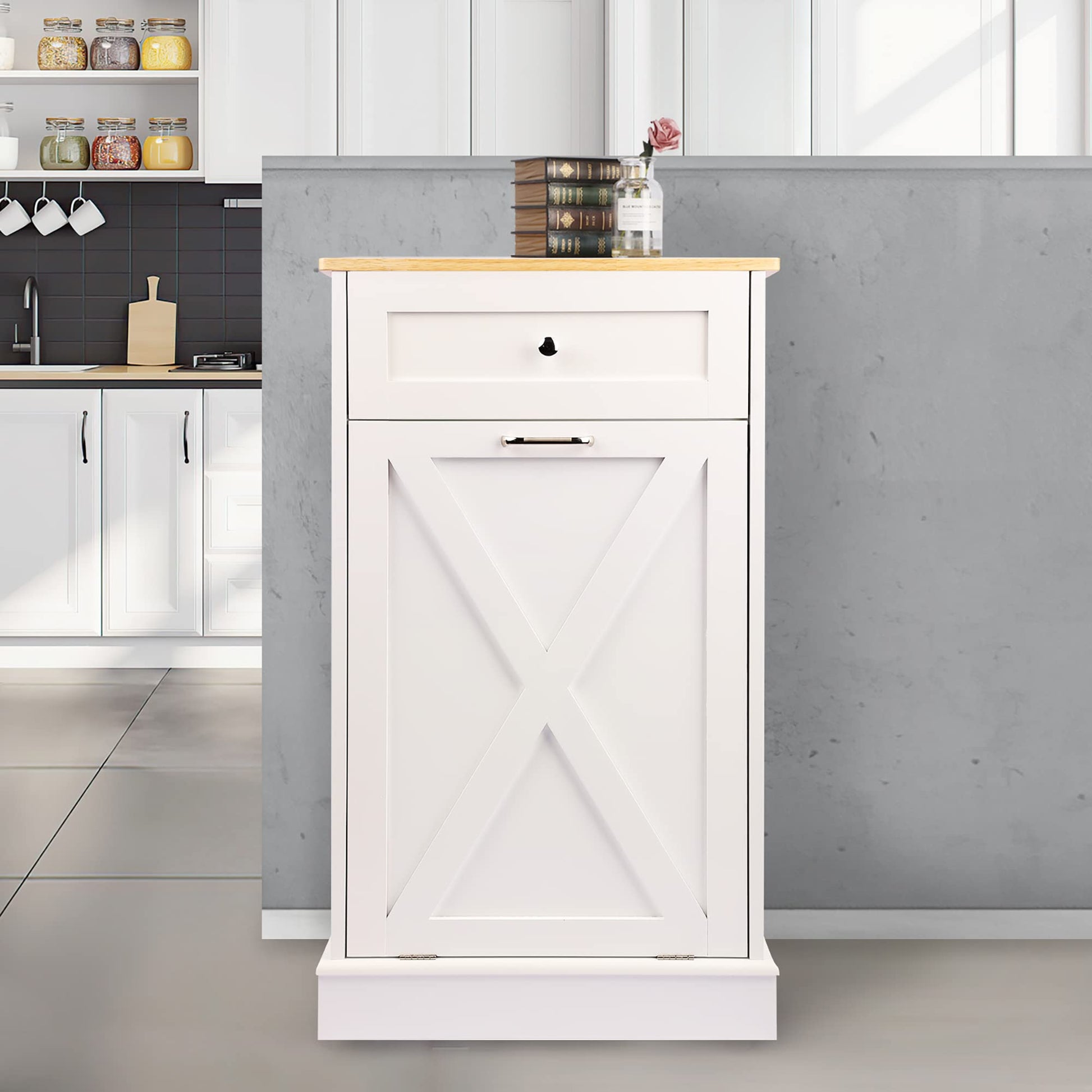 TOLEAD Tilt Out Trash Cabinet,Antique-Style Barn Door Kitchen Island with Solid Wood Tabletop & Drawer, Pet Proof Trash Can, Wood Laundry Cabinet（White） - WoodArtSupply