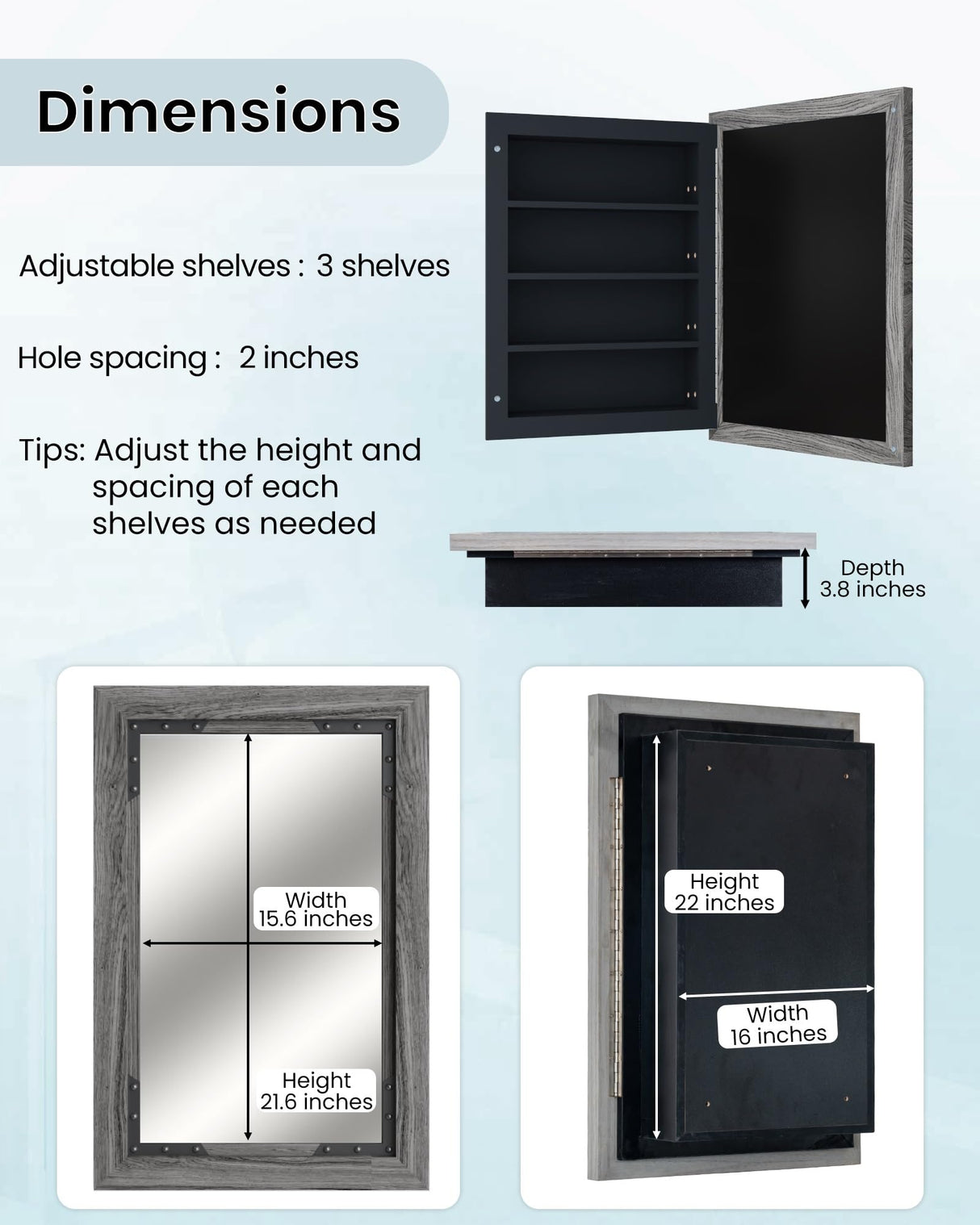 FLYJOE Medicine Cabinet Mirror 20 x 26 Inch Farmhouse Bathroom Mirror Door Solid Wood Storage Cabinet with Adjustable Shelves, Wall Mounted for Bathroom Living Room, Grey FLYJOE