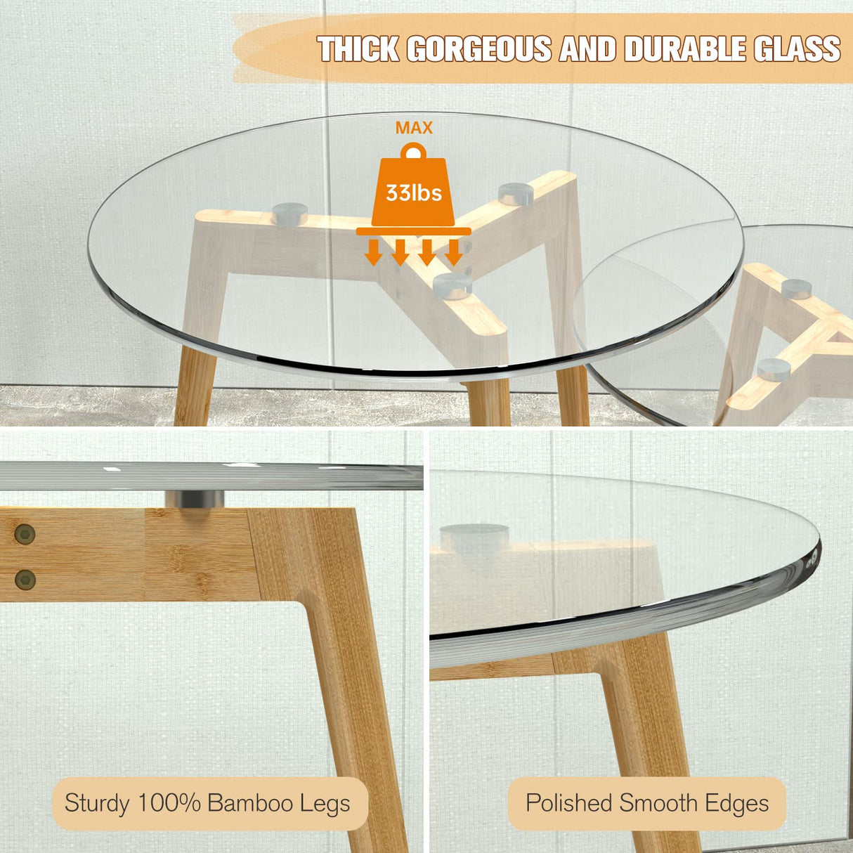 Bambloom Glass Coffee Table, Round Clear Nesting Tables Set of 2, Transparent Modern Accent Living Room Side Table End for Home Office Apartment Sofa, Easy Assembly Bambloom