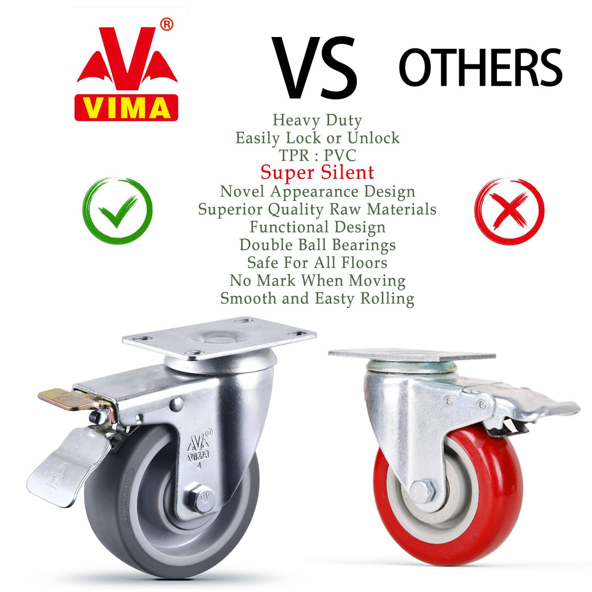 4 Inch Castets Set of 4 Heavy Duty Caster Wheels with Brake 2200Lbs Swivel Rigid TPR Rubber Wheel Silent Castor Locking Industrial Plate Casters Wheels for Cart Furniture Workbench, 2 Fixed & 2 Brake VM VIMA