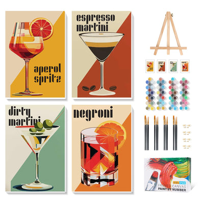 4 Pack Framed Paint by Numbers Kit for Adults with Wooden Easel, Cocktail Paint by Numbers with Frame for Beginner, Retro Cocktail Adult Paints by Number Kits on Canvas Framed for Wall Decor 8 x 12 In