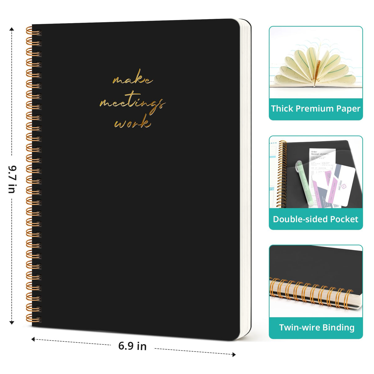 Taja Meeting Notebook for Work Organization - Work notebook with action items, Meeting Minutes Planner Notebook, Perfect Office Supplies for Men & Women - Black Taja