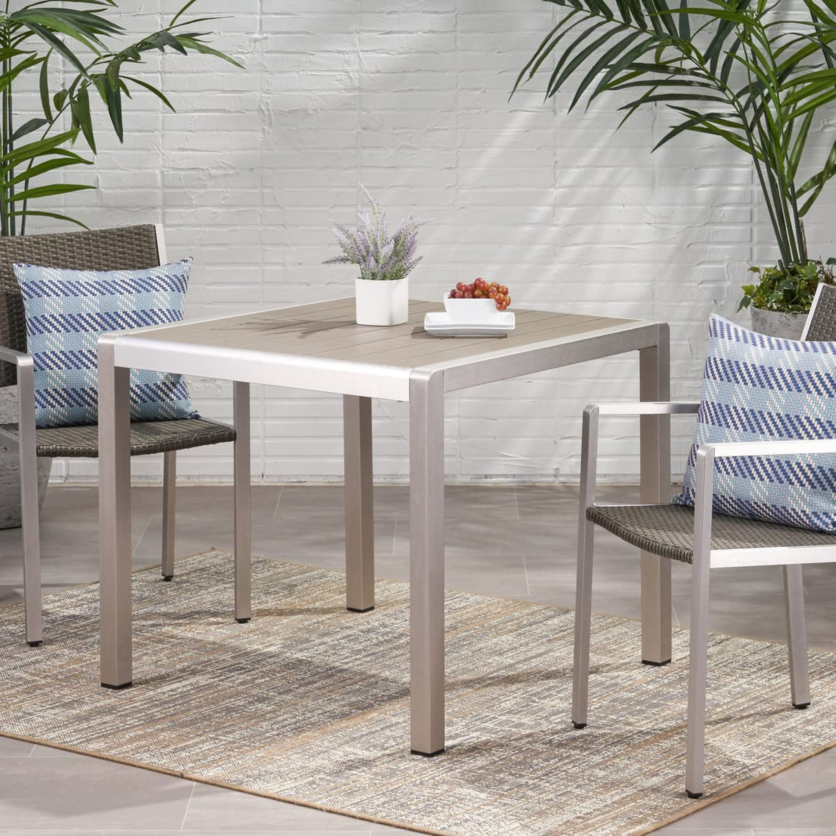 Christopher Knight Home Louie Coral Outdoor Dining Anodized Aluminum-Faux Wood Table Top-Square Gray-35, Silver + Gray Christopher Knight Home