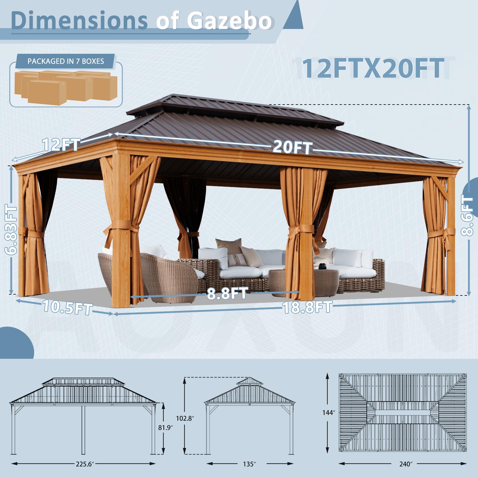 Aoxun 12' x 20' Permanent Gazebo, Wooden Finish Coated Aluminum Frame Canopy with Dual-Layer Galvanized Steel Hardtop Top, Outdoor Metal Pavilion, for Deck, Patio and Backyard - WoodArtSupply