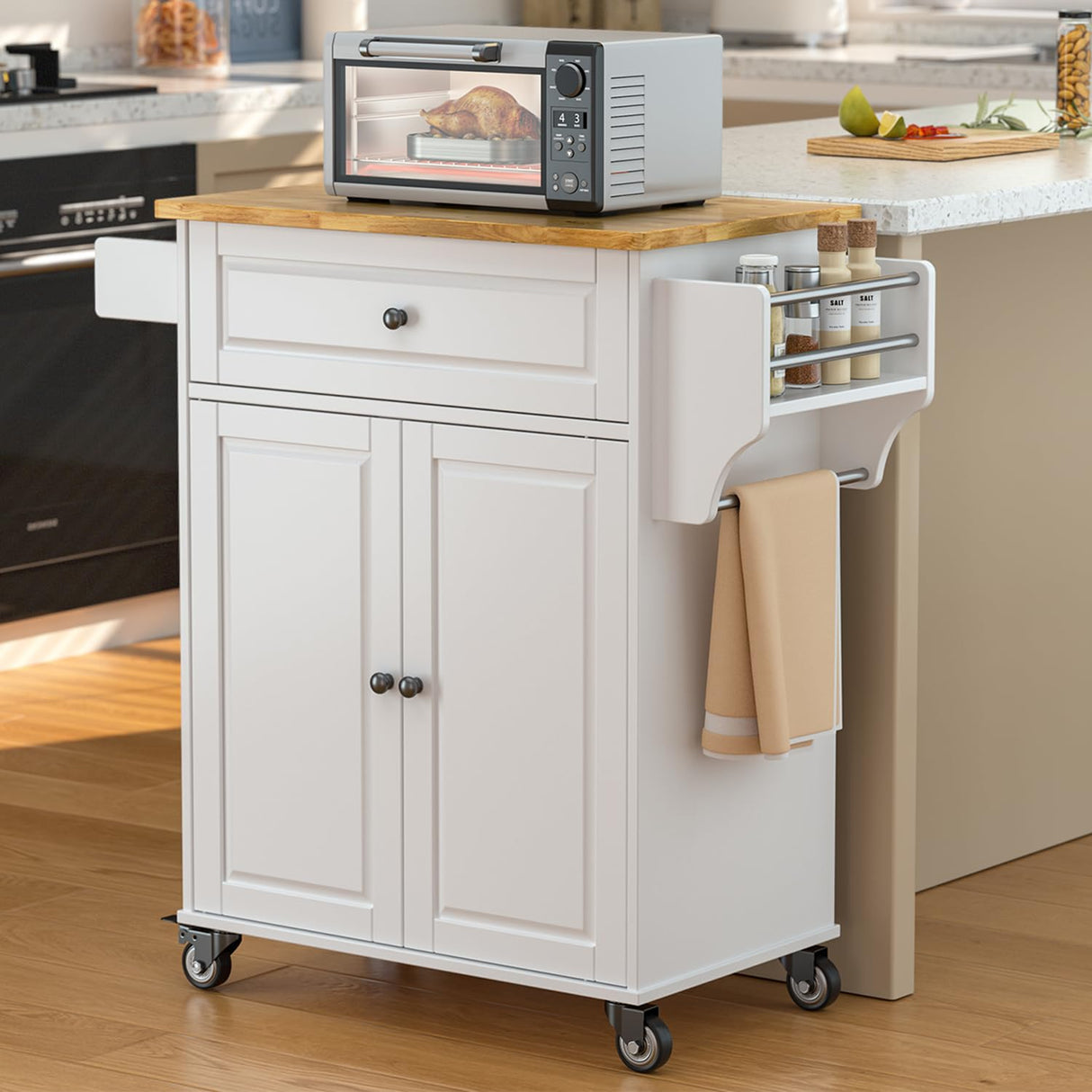 Gizoon White Kitchen Island Cart with Adjustable Shelves, Drawer, and Movable Wheels Gizoon