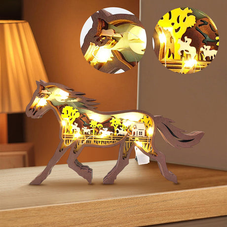 Drawelry 3D Wood Carving Animals Lamp - Creative Bear Elk Wooden Sculpture Ornaments Home Living Room Office Decorative Warm LED Night Light Christmas Birthday Gifts for Friend Son Dad (Horse) Drawelry