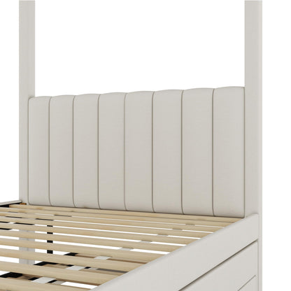 RUNNA Modern Full Size Upholstery Canopy Platform Bed with Trundle and Three Storage Drawers, Solid Wood Bed Frame for Kids Teens Adults (Beige/Linen, Full)