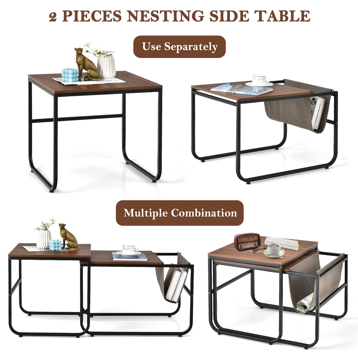 Giantex Nesting Coffee Table Set of 2, Stackable Side Table w/Side Pocket, Accent Nightstand, Industrial End Table w/Steel Frame for Living Room Bedroom Office, Easy Assembly, Rustic Brown Giantex