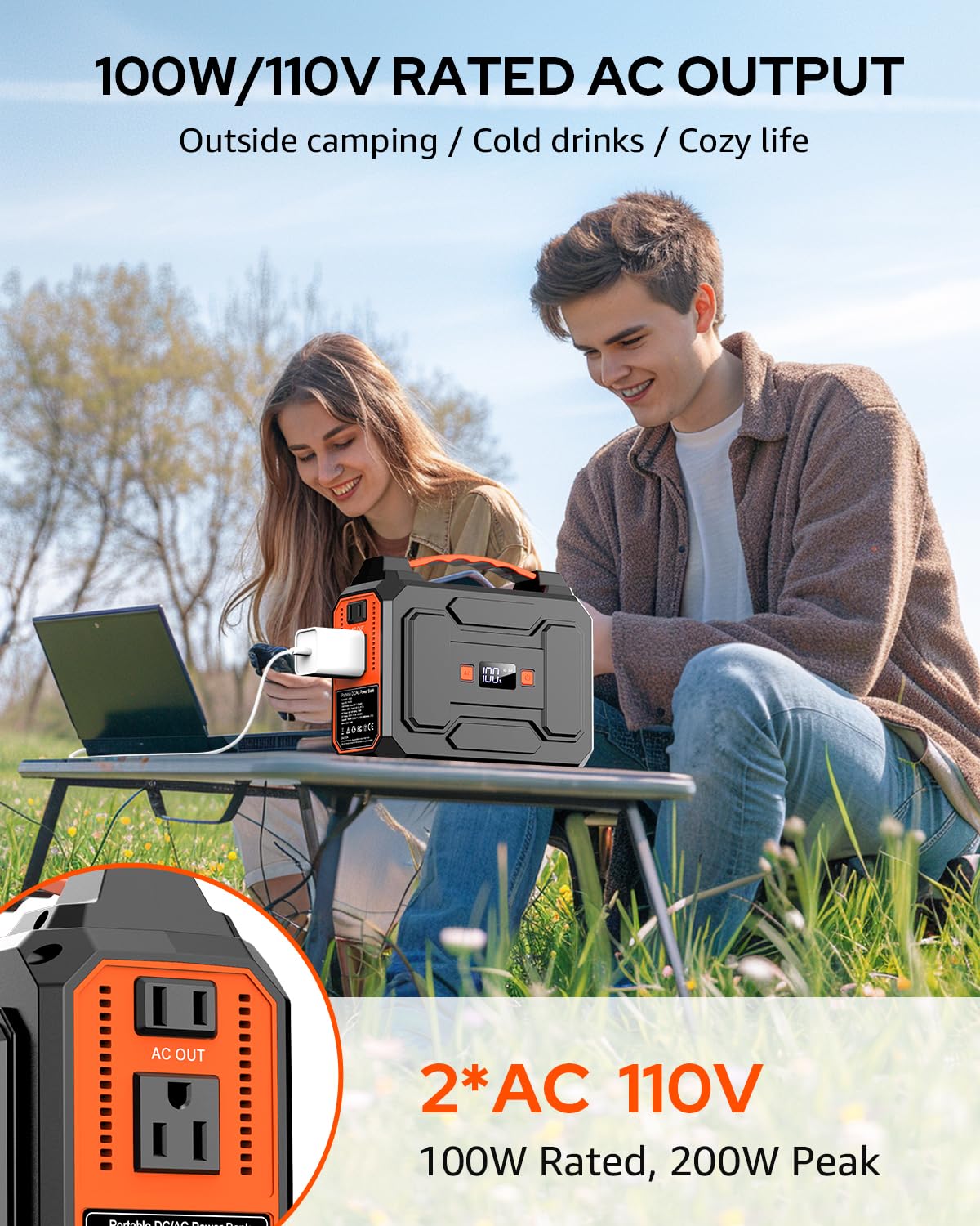 Apowking Portable Power Station Bank 200W Peak(100W Rated),146Wh Solar Powered Power Bank with 2 AC Outlet 110V,39600mAh Power Bank Lithium Battery Pack for Home Outdoor Camping Emergency - WoodArtSupply