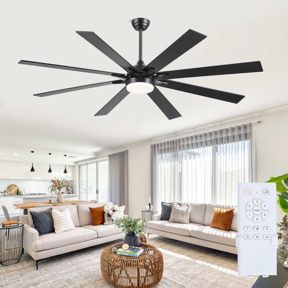 Kviflon 72 Inch Large Ceiling Fans with Lights and Remote, Indoor/Outdoor Black Modern Industrial Ceiling Fan with Light for Living Room Patios Porch, Reversible Quiet Motor, 8 Dual Finish Blades Kviflon