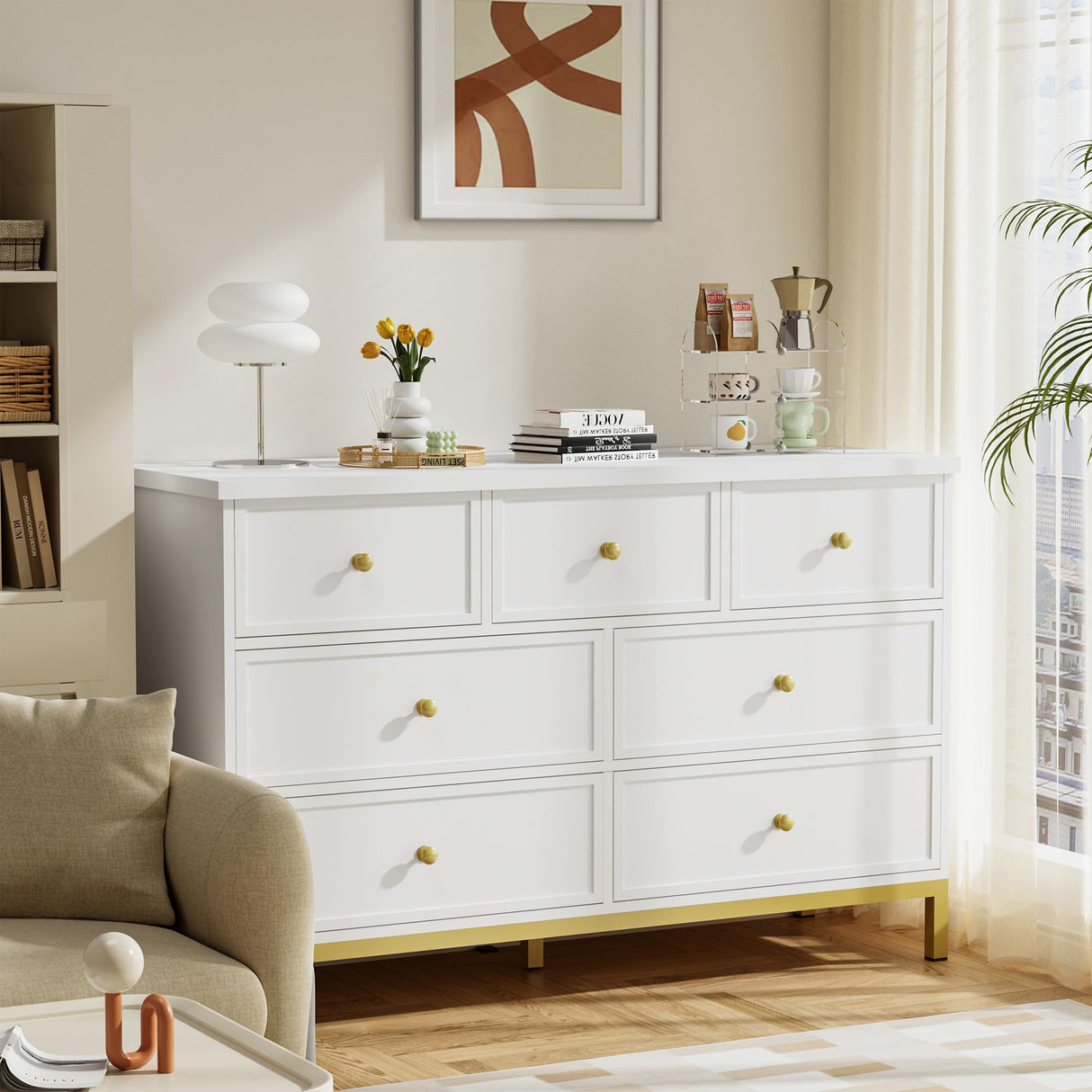 Pamapic Modern 7-Drawer White Dresser,47" White Wooden Dresser for Bedroom, Storage Organizer with Deep Drawers & Metal Handles for Bedroom, Entryway, Hallway Pamapic