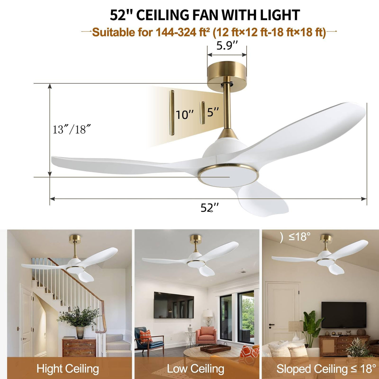 Fanliving 52 Inch 6 Speed High CFM Quiet DC Motor Modern Ceiling Fan with Lights Remote Control, 3 Blade White Gold Indoor Bedroom Living Room Ceiling Fan Fanliving