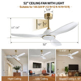 Fanliving 52 Inch 6 Speed High CFM Quiet DC Motor Modern Ceiling Fan with Lights Remote Control, 3 Blade White Gold Indoor Bedroom Living Room Ceiling Fan Fanliving