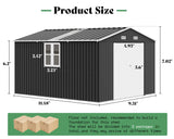 AMERLIFE 10x12x7 FT Galvanized Steel Storage Shed with 2 4-Pane Windows Hinged Double Doors, Outdoor Shed for Backyard, Garden, Patio, Dark Grey/White AMERLIFE