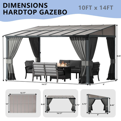 ASJMR 10x14FT Gazebo, Hardtop Wall Mounted Gazebo with Sloping Sun Panel Roof, Awnings for Patio with Metal Frame, Double Curtains for Garden, Lawn, Backyard Deck, Sand