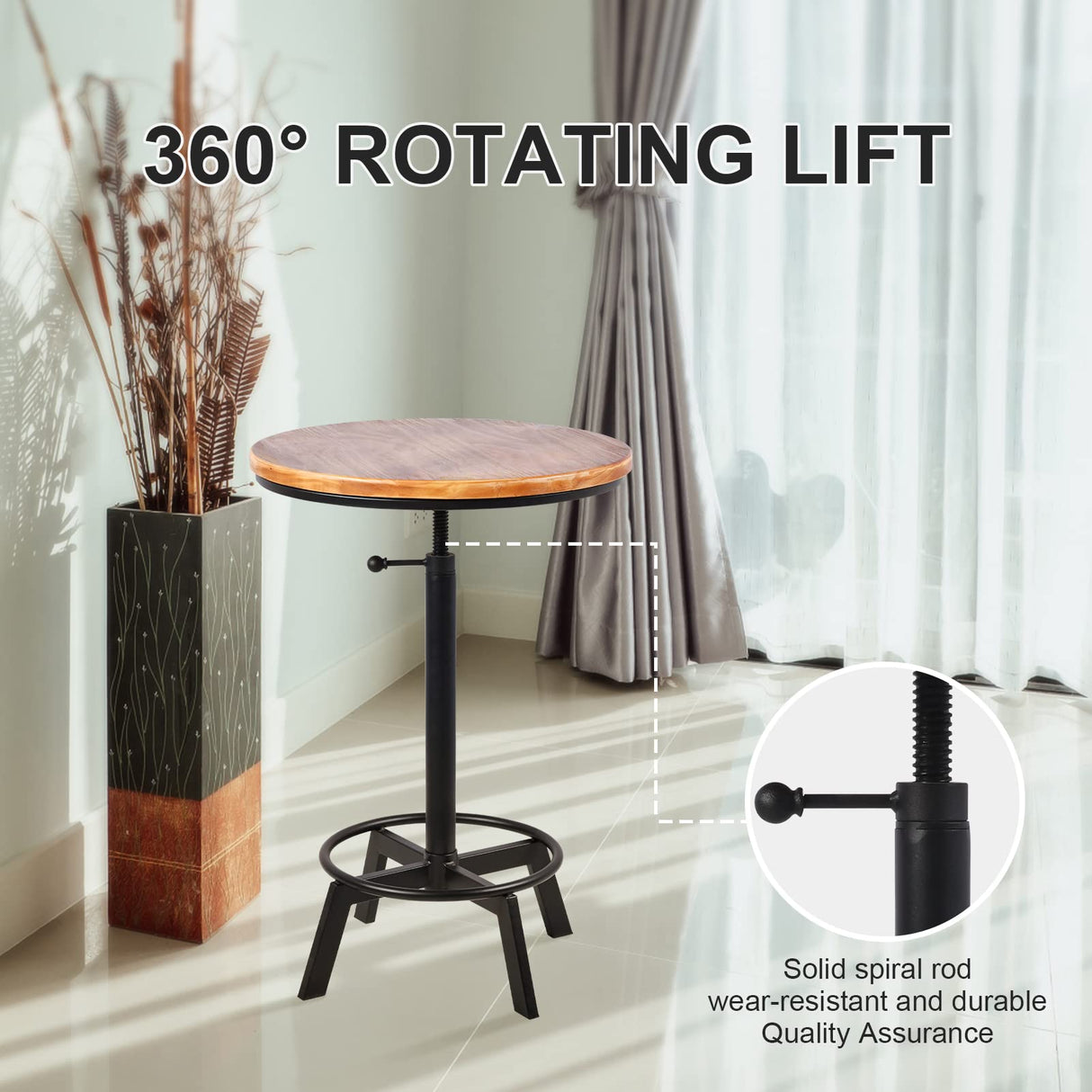 BOKKOLIK Height Adjustable Vintage Industrial Bar Table with 360° Swivel Wooden Top BOKKOLIK