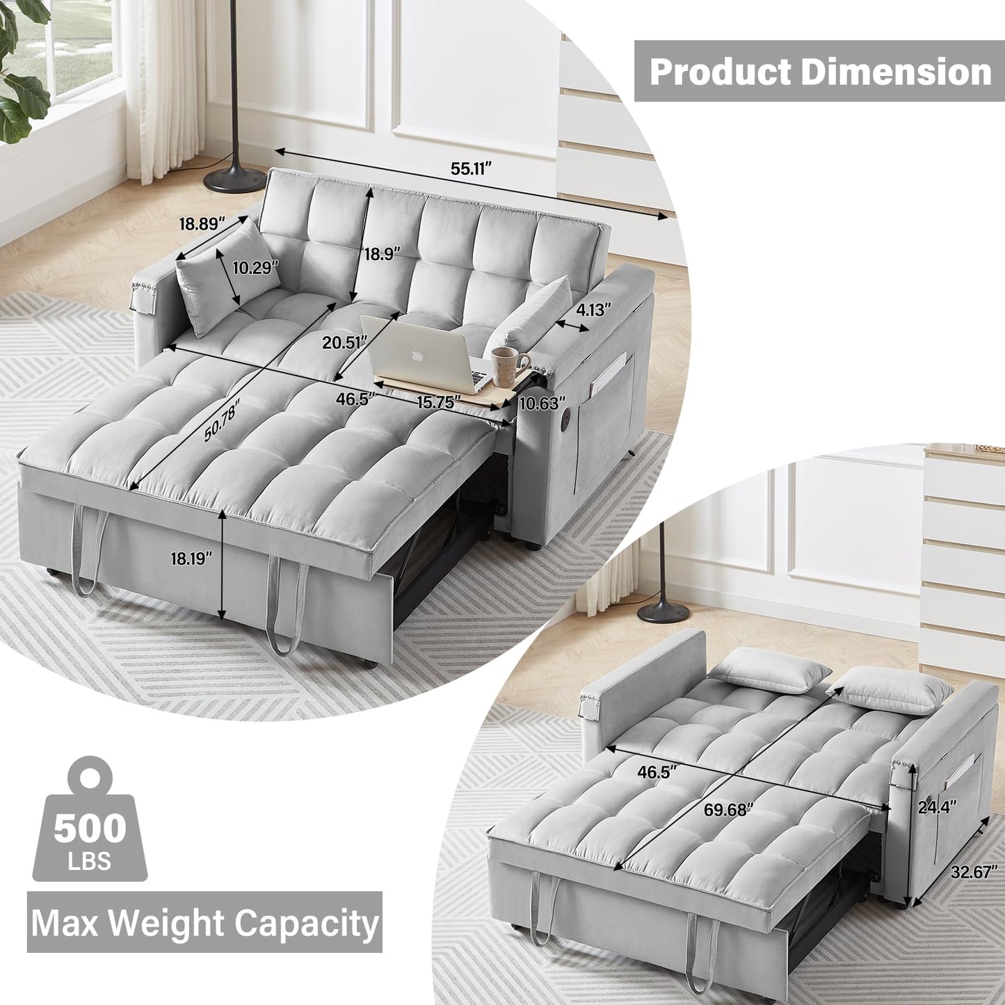 Convertible Sofa Bed,3-in-1 Velvet Sleeper Couch Pull-Out Bed,55'' Loveseat Sleeper Sofa Bed with Adjustable Backrest with 2 Pillows and Storage Bag & USB Port and Hidden Side Computer Table,Gray