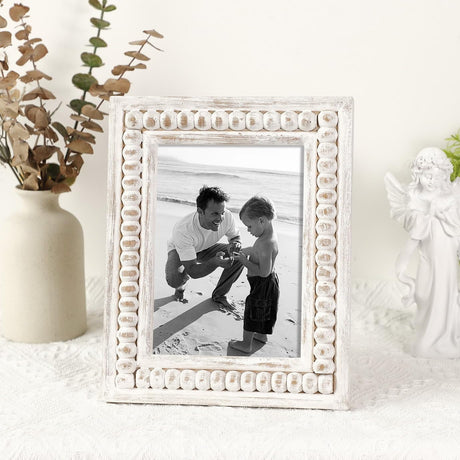 UPPER DECOR Whitewashed Wooden 5x7 Picture Frame with Beaded Design – Rustic and Boho Style, Decorative 5x7 Photo Frame for Home Decor, Farmhouse Rustic Picture Frame for Photos UPPER DECOR