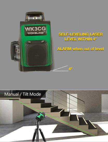 Wokeline 3x360° Rotary Laser Level Self Leveling Green beam Three Plane Cross Line Lasers 2x360° Vertical 1x360° Horizontal 12 lines Tile Ceiling Floor Lazer Levels+Flexible Magnetic Base+Li  - WoodArtSupply