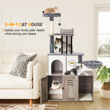 Snughome Cat Tree with Litter Box Enclosure Furniture, 2-in-1 Modern Cat Tower for Indoor Cats, 58.66’’ Wood Cat Condo with Scratching Post and Hammock, Indoor Cat Furniture with Large Platform, Grey Snughome