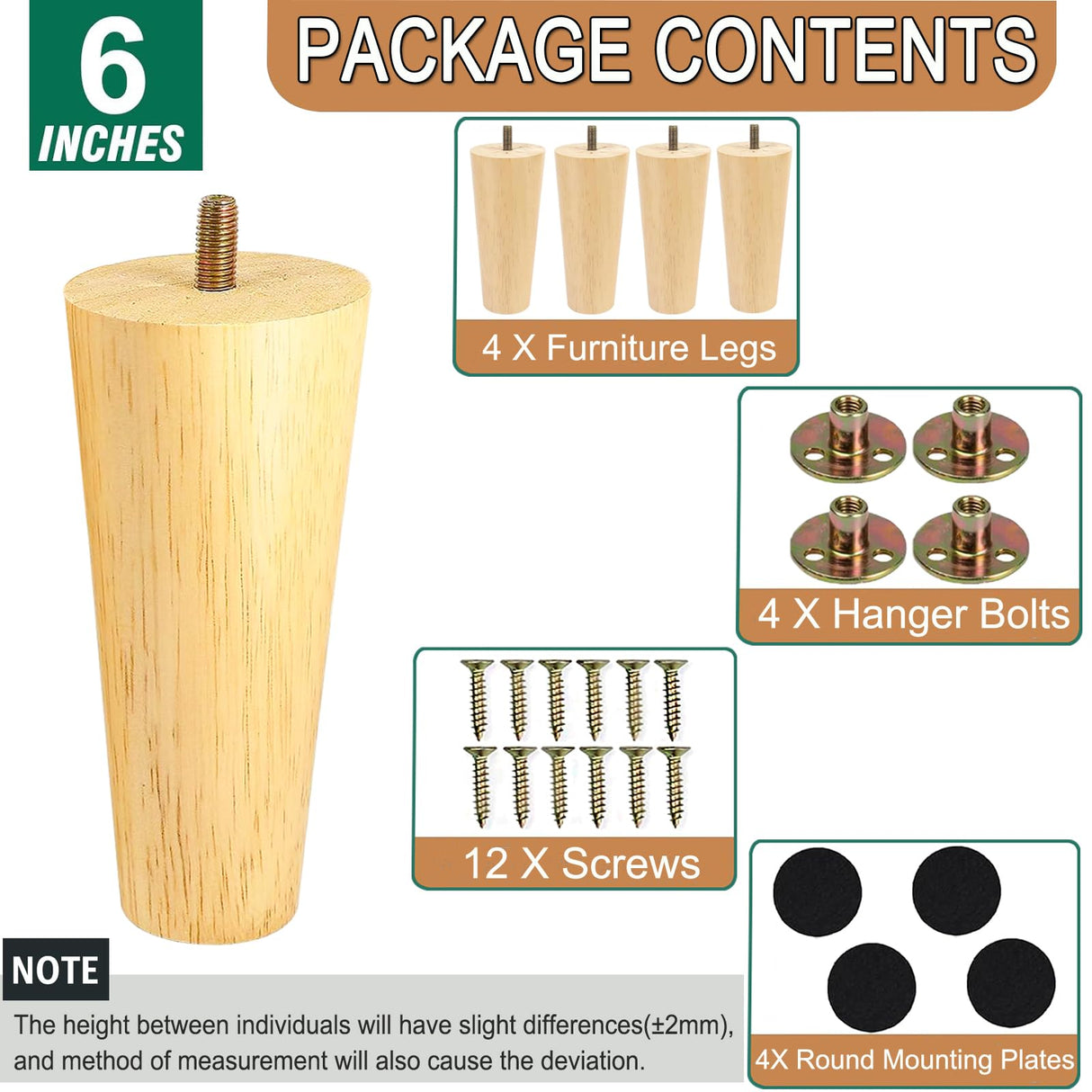 Yaliuliu 6 Inches Round Solid Wood Furniture Legs Set of 4, Natural Wooden Replacement Feet with Threaded 5/16'' Hanger Bolts for Sofa, Couch, Armchair, Cabinet, TV Stand, Ottoman and Dresser Yaliuliu