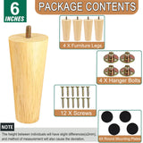 Yaliuliu 6 Inches Round Solid Wood Furniture Legs Set of 4, Natural Wooden Replacement Feet with Threaded 5/16'' Hanger Bolts for Sofa, Couch, Armchair, Cabinet, TV Stand, Ottoman and Dresser Yaliuliu