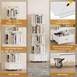 LMSXG-MZ 360° Rotating Bookshelf with Metal Wheels & Drawers for Living Room, Bedroom, Space-Saving Bookcase Organizer & Large Capacity Display Rack (4-Tier) LMSXG-MZ