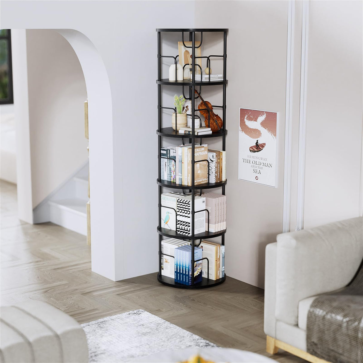 ALLSTAND 5-Tier 360° Rotating Black Bookshelf – Space-Saving Swivel Tower for Home Storage ALLSTAND