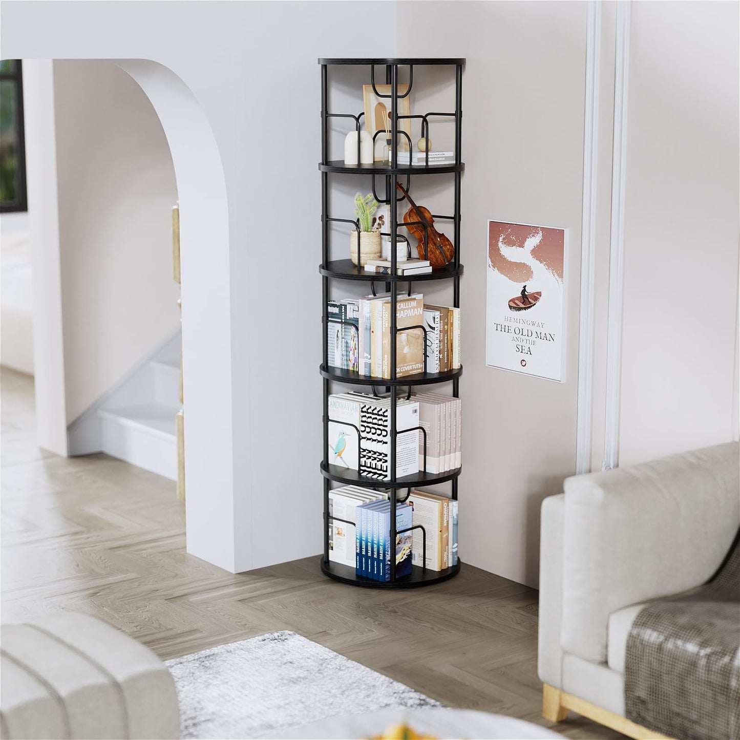 ALLSTAND 5-Tier 360° Rotating Black Bookshelf – Space-Saving Swivel Tower for Home Storage - WoodArtSupply