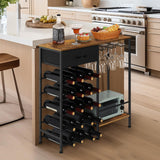 OYEAL Wine Rack Freestanding Floor, 5 Tier Display Wine Storage Shelves with Glass Holder & Fabric Drawer, 20 Bottles Liquor Cabinet Bar Stand for Home Bar, Kitchen Living Room, Rustic Brown OYEAL
