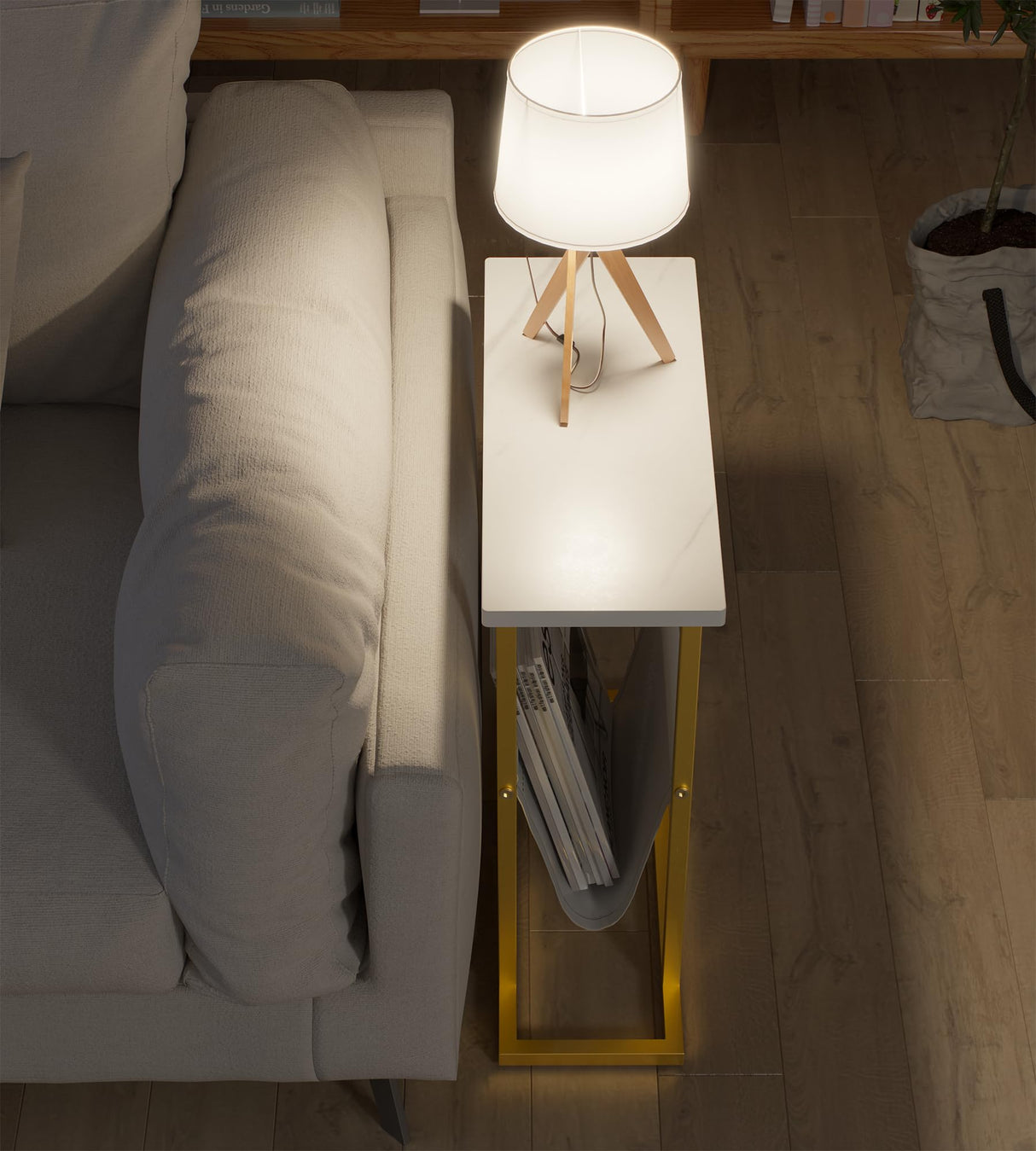 Yusong Small Narrow Side Table for Small Spaces, 17.7" W Slim End Table Magazine Table Nighstand with Storage Holder, Accent Skinny Snack Couch Bedside Table, Gold White, Complete Iron Pipes Yusong