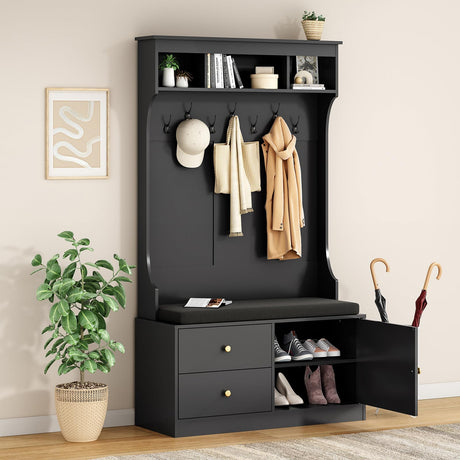 Soohow Hall Tree with Bench and Shoe Storage, Mud Room Bench with Storage and Seating, Hall Tree with Shoe Storage with 7 Hooks, 6-in-1 Farmhouse Hall Tree with Bench for Entryway, 70.9", Black Soohow