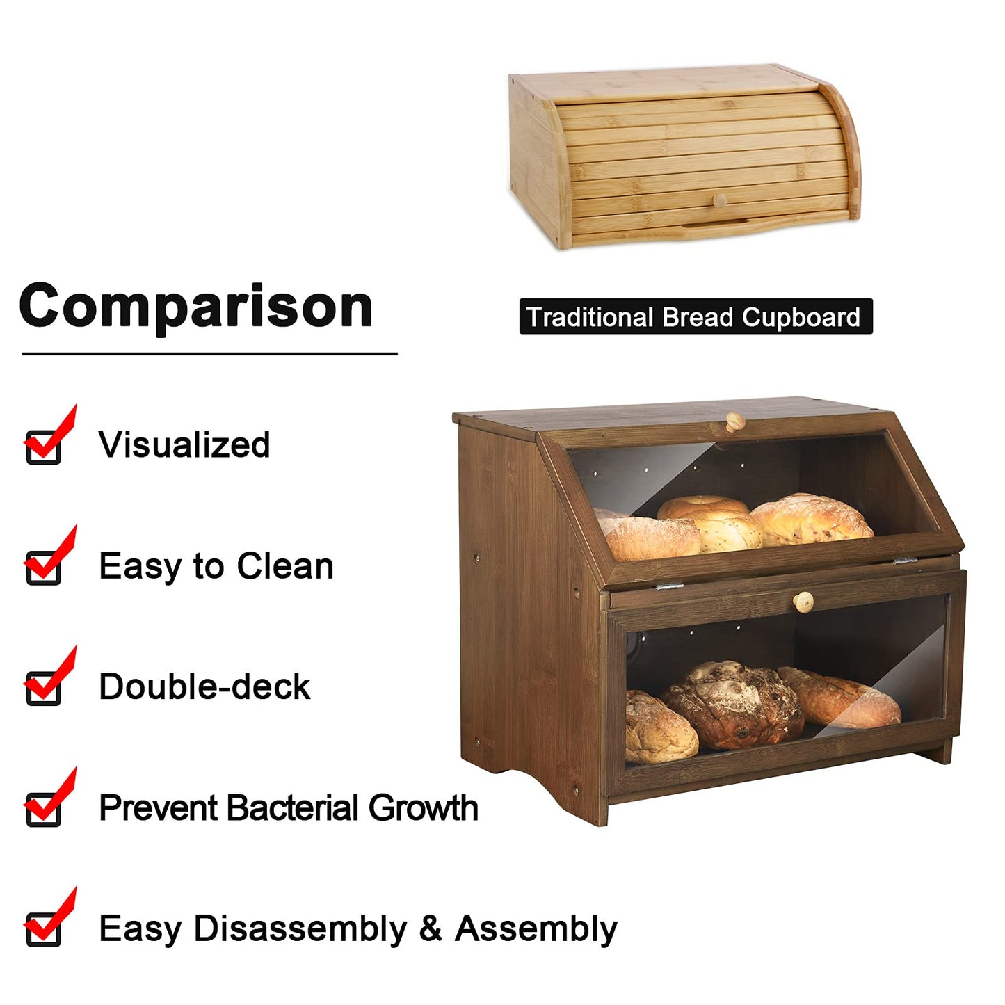 HOMEKOKO Double Layer Large Bread Box for Kitchen Counter, Wooden Large Capacity Bread Storage Bin (Brown)