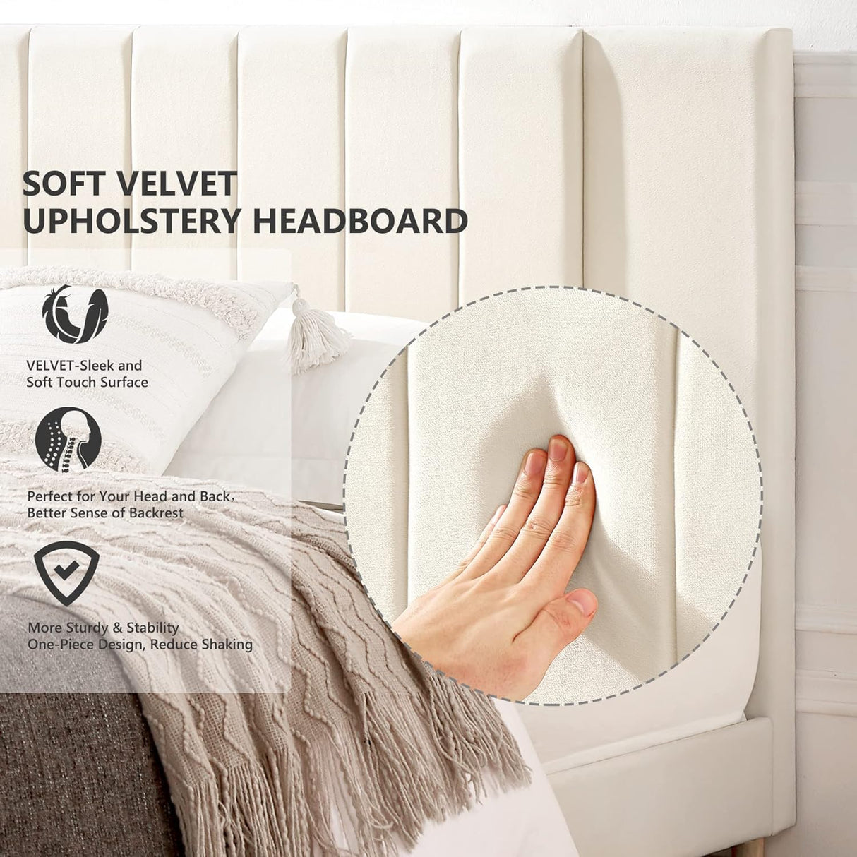 Flolinda Queen Size Platform Bed Frame with Velvet Upholstered Headboard and Wooden Slats Support, Fully Upholstered Mattress Foundation/No Box Spring Needed/Easy Assembly, Beige Flolinda