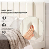 Flolinda Queen Size Platform Bed Frame with Velvet Upholstered Headboard and Wooden Slats Support, Fully Upholstered Mattress Foundation/No Box Spring Needed/Easy Assembly, Beige Flolinda