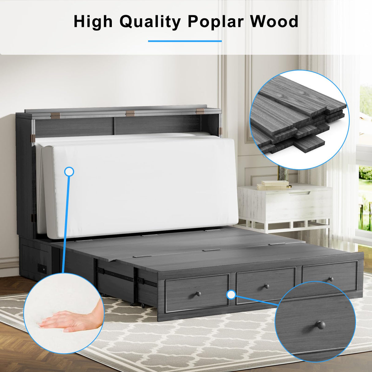 PUREMIND Queen Murphy Bed with 2 Storage Drawers, Hidden Murphy Cabinet Bed with Mattress, Murphy Chest Beds with Built-in USB Charging Station and Headboard for Bedroom, Guest Room PUREMIND