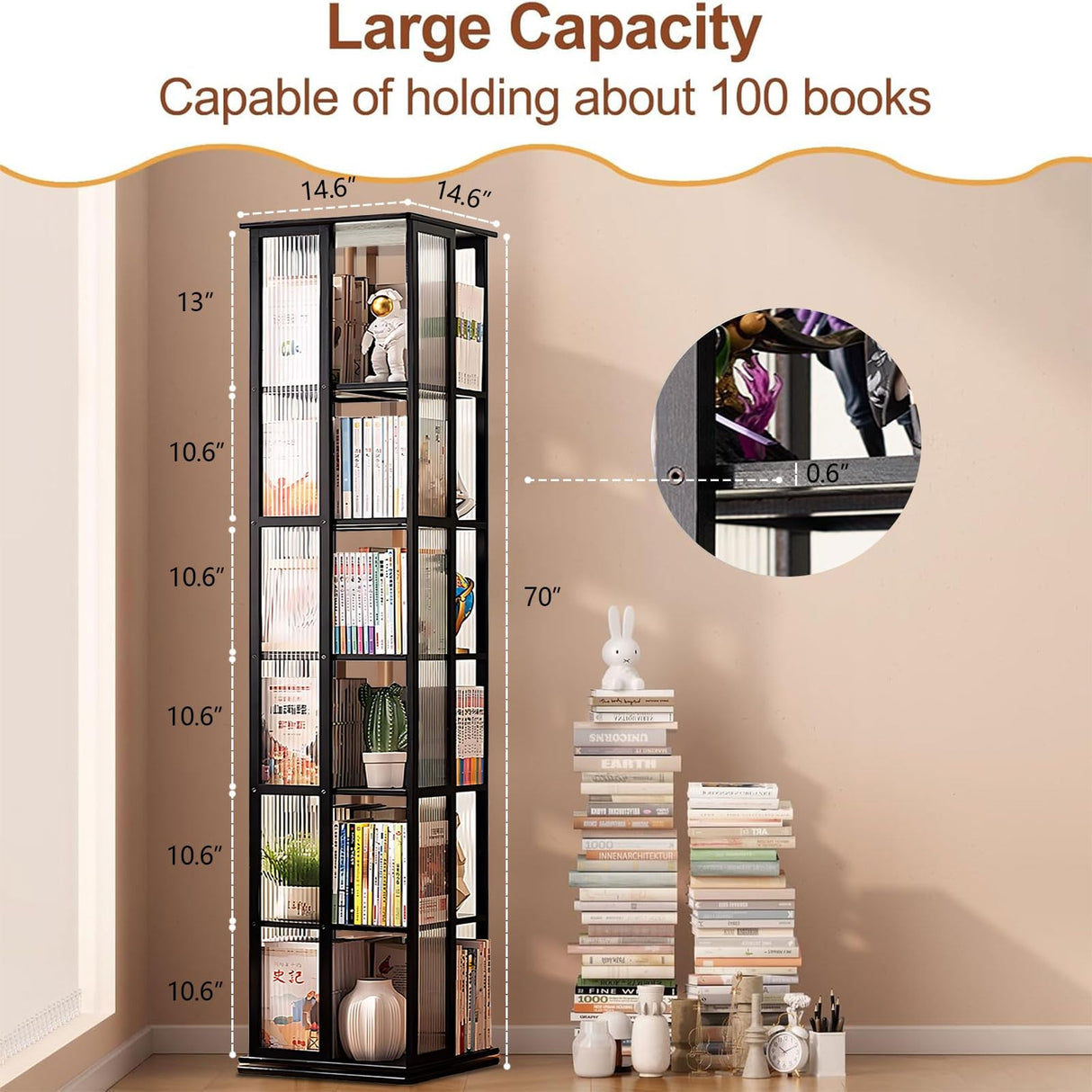 HMBTCRY Rotating Bookshelf, 360 Display Spinning Bookshelf, 6 Tier Rotating Bamboo Bookshelf for Living Room, Bedroom, Study Room (Black) HMBTCRY