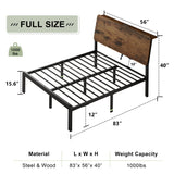 Feonase Full Size Bed Frame with Ergonomic Storage Headboard & Charging Station, LED Platform Bed Frame, Heavy Duty Metal Slats, No Box Spring Needed, Easy Assembly, Rustic Feonase