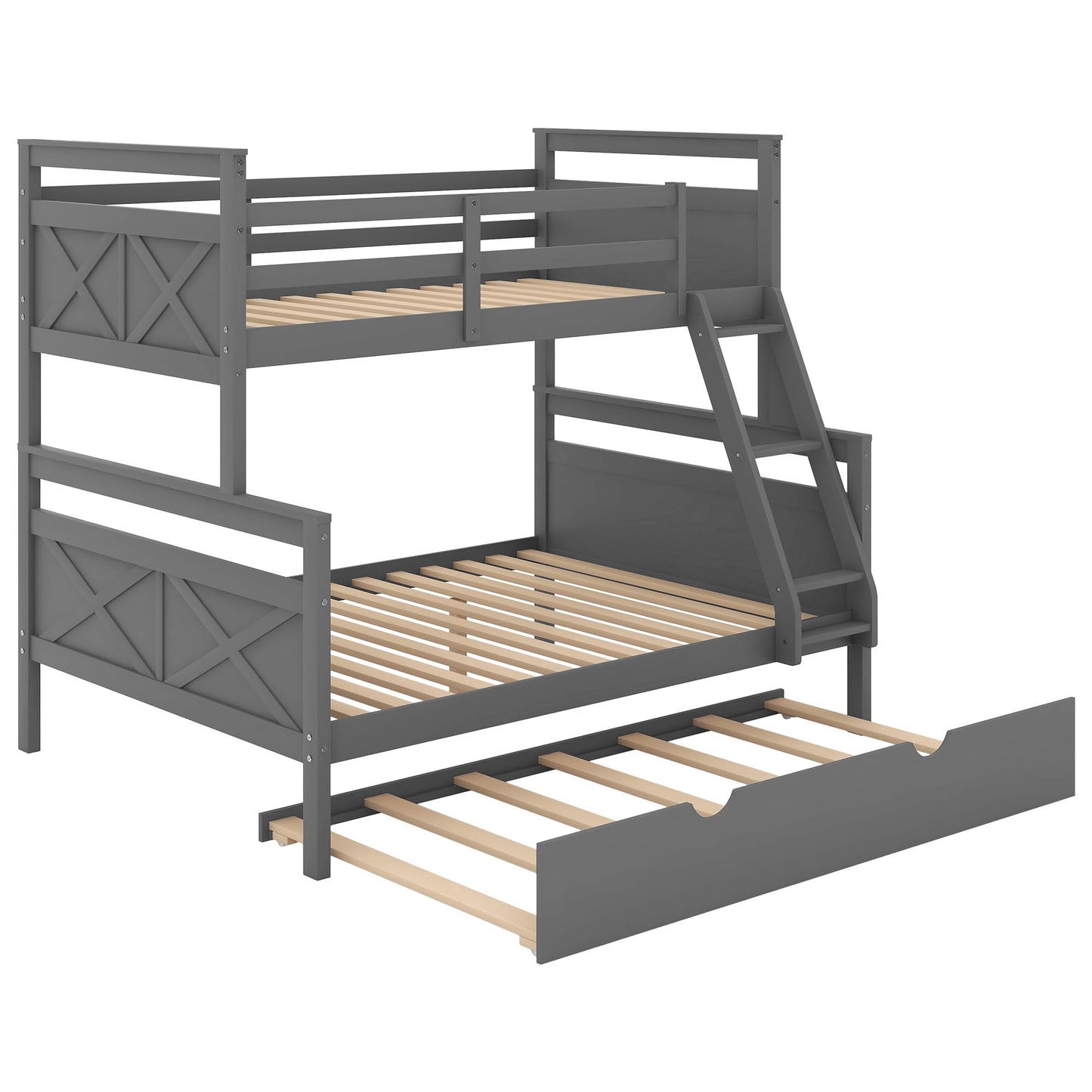 Acosure Twin Over Full Bunk Bed with Ladder and Twin Size Trundle,Bedroom Wood Bed Frame W/Safety Full-Length Guardrail,No Box Spring Required,for Kids Teens Girls Boys,Gray